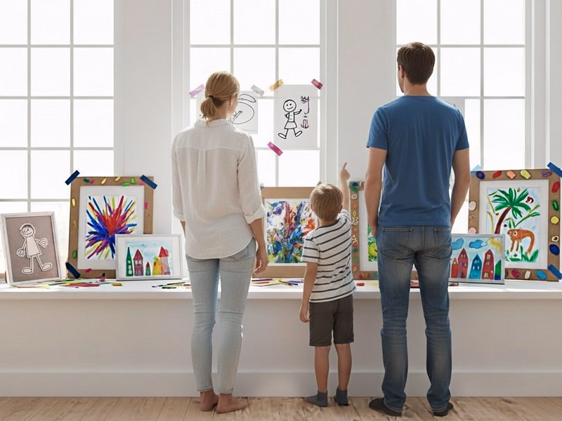Familie betrachtet gemeinsam die Kunstausstellung ihres Kindes.