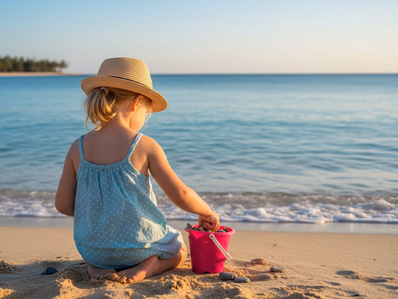 Kind entdeckt Muscheln am Strand während des Augenblickswichtel-Abenteuers „Solinu und das Sommerabenteuer am Meer“ von Remehr