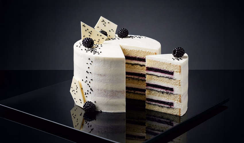 Blackberry Cake mit Vanille, Brombeeren, geröstetem schwarzem Sesam und weißer Schokolade